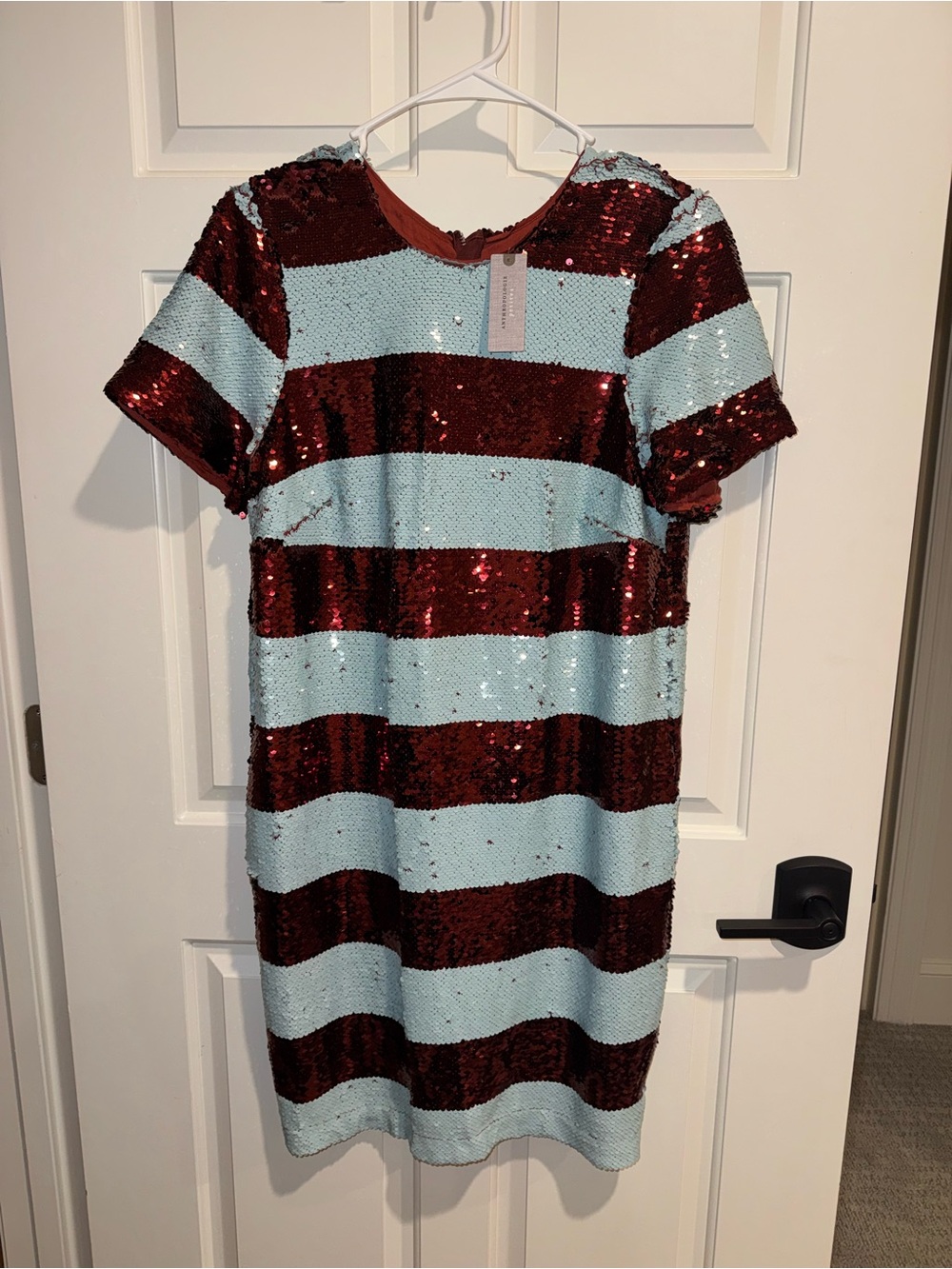 Ladies Anthropologie Maeve full Sequin Stripe Dress - Red & Light Blue small SP